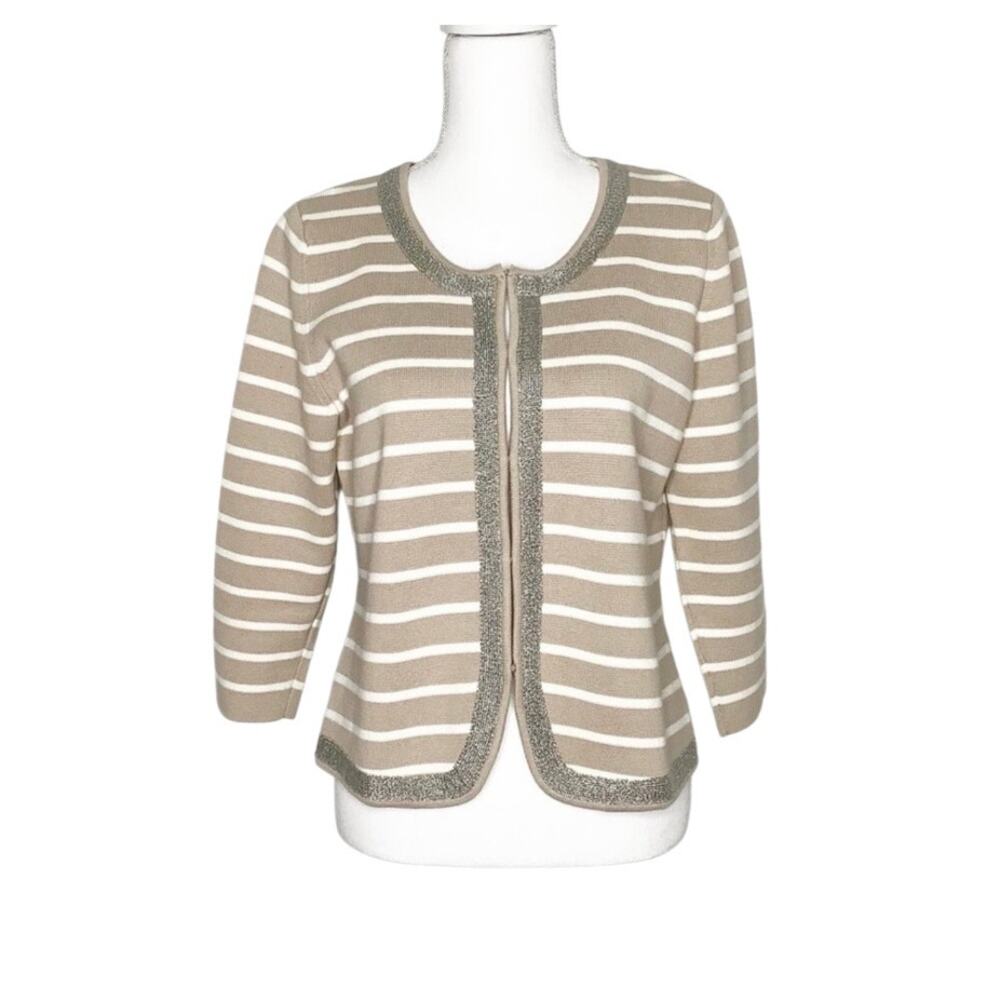 Banana Republic Cardigan Beige White Striped Silver Trim Petite Large
